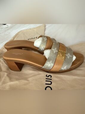 Louis Vuitton Tan Leather & Silver Monogram Slide Mules